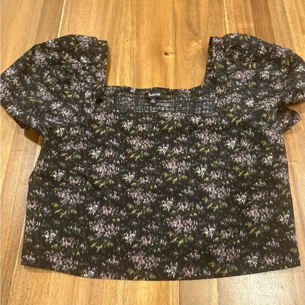 Madewell Smocked Square Neck Puff Sleeve Floral Blouse Top Black Pink Womens M